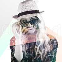 Composite image of gorgeous smiling blonde hipster posing with s
