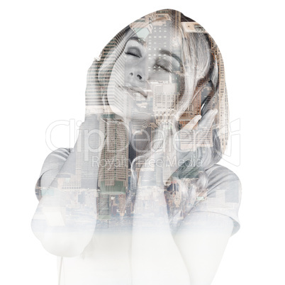 Composite image of pretty young woman with headphones