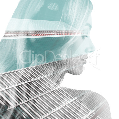 Composite image of close up of a woman listening to music