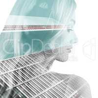 Composite image of close up of a woman listening to music