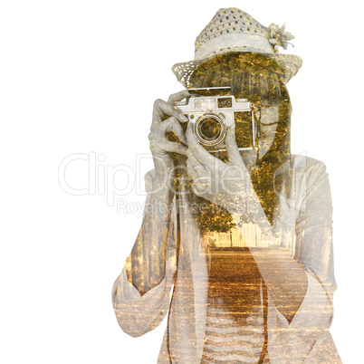 Composite image of portrait of a smiling hipster woman holding r