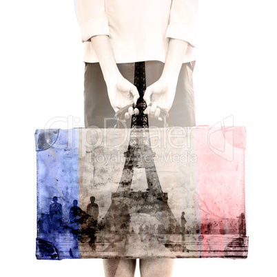 Composite image of rear view of hipster woman holding suitcase