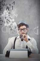 Composite image of hipster smoking pipe while sitting looking at
