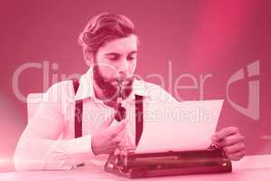 Composite image of hipster with smoking pipe working on typewrit