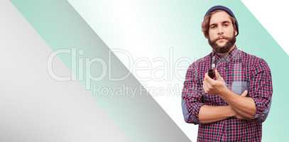 Composite image of portrait of confident hipster holding smoking