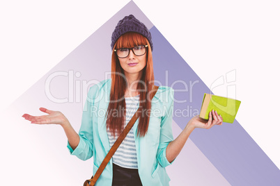 Composite image of smiling hipster woman with bag and book