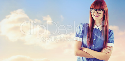 Composite image of attractive hipster woman with crossed arms