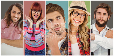 Composite image of confident hipster pointing sideways with arms