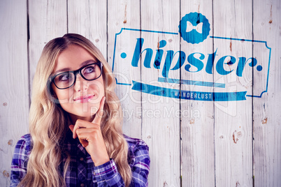 Composite image of gorgeous smiling blonde hipster daydreaming