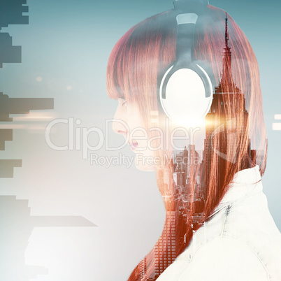 Composite image of side view of a hipster woman with headphones