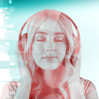 Composite image of close up of a woman listening to music