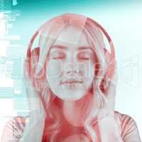 Composite image of close up of a woman listening to music