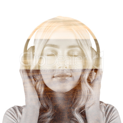 Composite image of close up of a woman listening to music