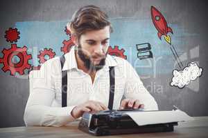 Composite image of hipster working on typewriter