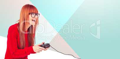 Composite image of smiling hipster woman playing video games