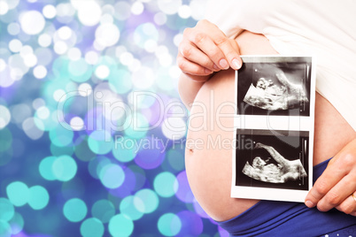 Composite image of pregnant woman showing ultrasound scans