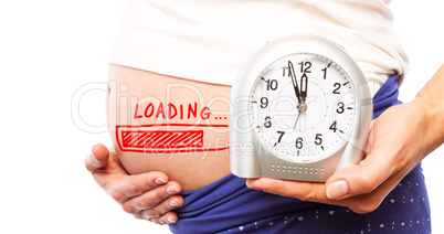Composite image of pregnant woman showing clock and bump