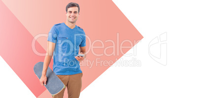 Composite image of man with skateboard and smartphone