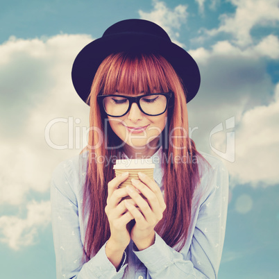 Composite image of smiling hipster woman drinking coffee