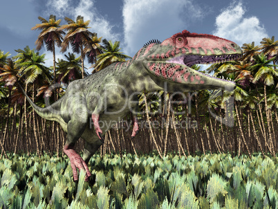 Dinosaurier Giganotosaurus im Dschungel