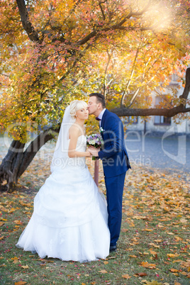 The groom gently hugged the bride