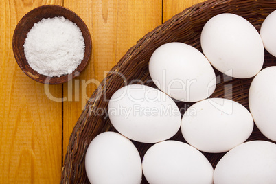 Fresh chicken eggs in a basket