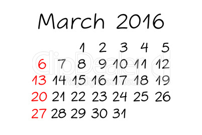 March Year 2016 Calendar Handwritten