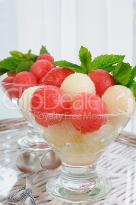 snack of watermelon melon balls with mint