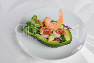 Appetizer of avocado with prawns