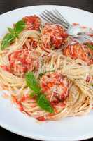 Pasta in tomato gravy with meatballs