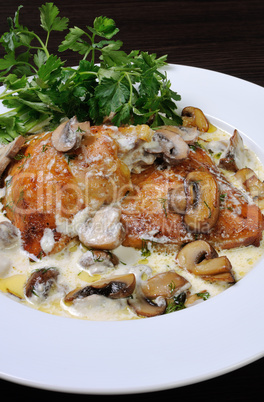 part of the chicken in a creamy sauce with mushrooms
