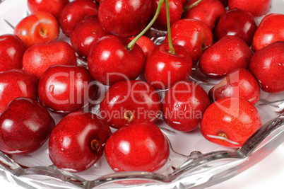 Red cherries in a dish of water