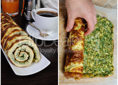 Fastening omelette with herbs in roll