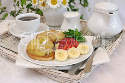 French toast with a banana syrup for breakfast