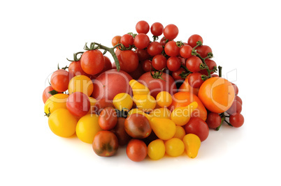 Group of different tomato varieties and colors on a white backgr