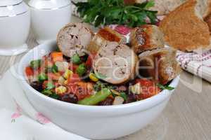Homemade sausages with vegetables