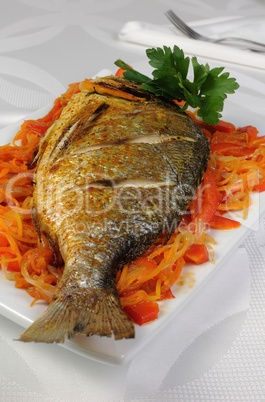 Fried Fish (Dorado) on vegetable cushion