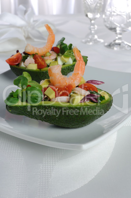 Appetizer of avocado with prawns