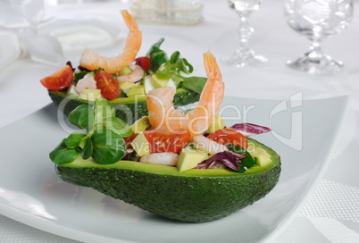 Appetizer of avocado with prawns