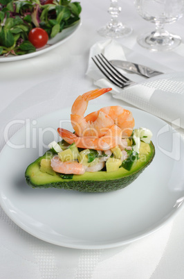 Appetizer of avocado with prawns