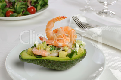 Appetizer of avocado with prawns