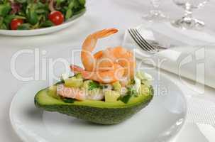 Appetizer of avocado with prawns