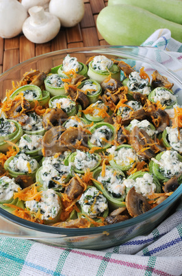 Zucchini rolls stuffed with ricotta and spinach and mushrooms