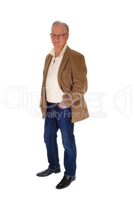 Senior man in jacket and jeans.