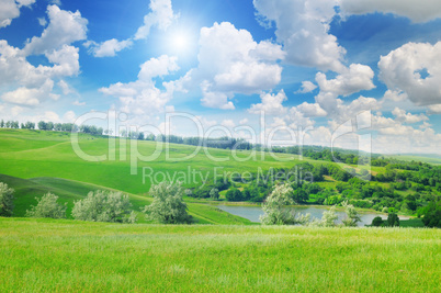 picturesque green field and blue sky