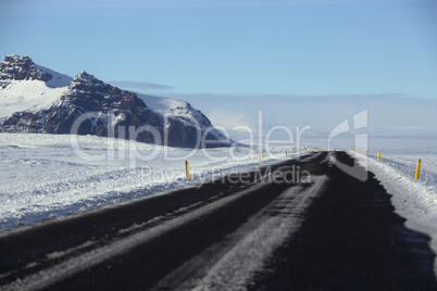 Snowy road conditions in Iceland