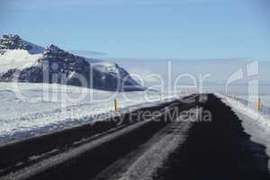 Snowy road conditions in Iceland