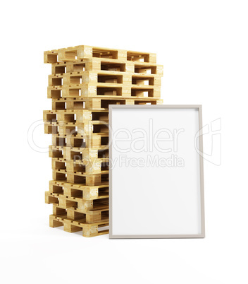 wooden pallets with blank billboard, isolated on white