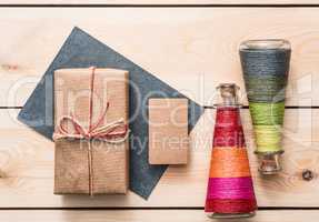 Gift box with blank tag and cute bottles.