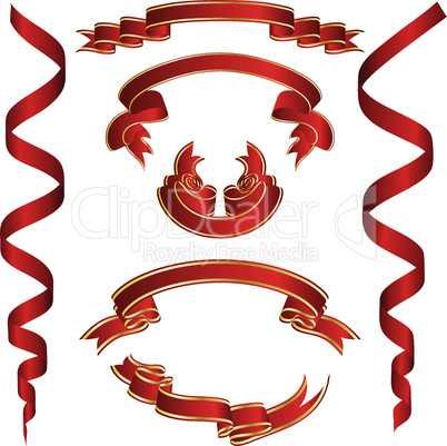Set of Red Ribbons With Golden Stripes